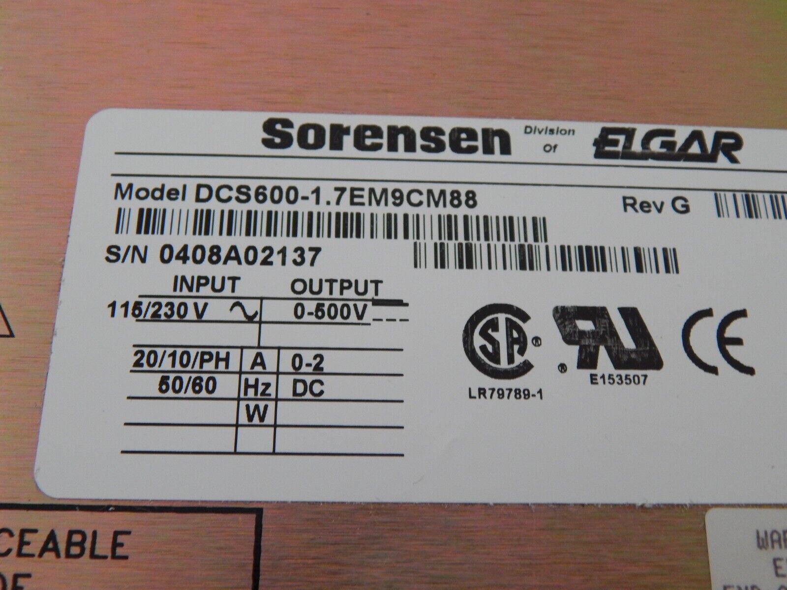 Sorensen DCS600-1.7EM9CM88 DC Power supply 500Vdc 2.0 Amps Sorensen DCS600-1.7EM9CM88 DC Power supply 500Vdc 2.0 Amps